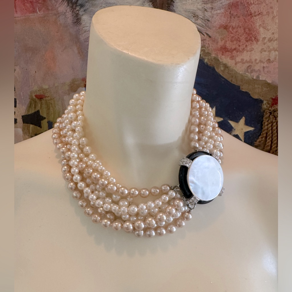 Kenneth Lane Vintage Statement 8 Pearl Strand Choker M-O-P Black Onyx Crystal 248$